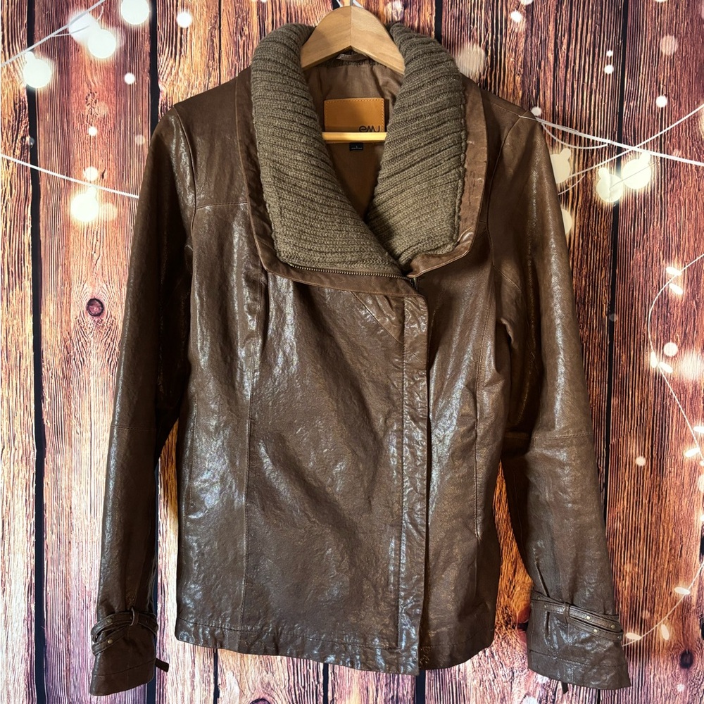 Emu Brown Leather Jacket with Ribbed Collar